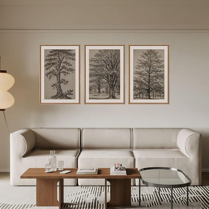 HOURIA Vintage Tree Sketch Framed Canvas Wall Art Set,Natural Brown and Gray Woodland Wall Decor,Mid Century Nature Forest Artwork,Textured Botanical Art Print for Living Room,Bedroom,Office-16"x24"x3