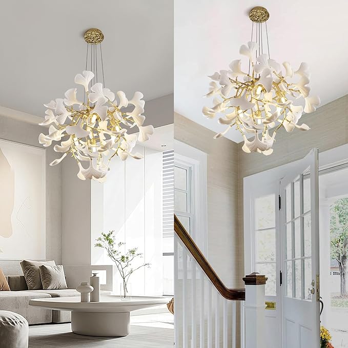 Modern 23.6'' Gold and White Ceramic Ginkgo Leaf Tree Branches Chandeliers, Dining Room Chandelier Over Table, Round Chandelier for Living Room,for Foyer, Kitchen, Bathroom, Bedroom