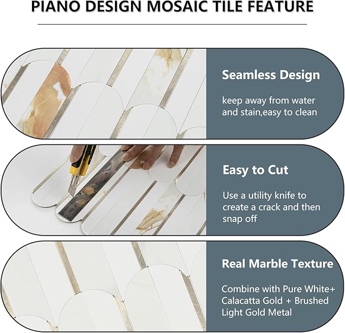 Vamos Tile Peel and Stick Backsplash Seamless Tile,10 Sheets Stick on Backsplash for Kitchen & Bathroom, Calacatta Gold+Matt Pure White Marble Look PVC+ Light Gold Self Adhesive Backsplash Tile