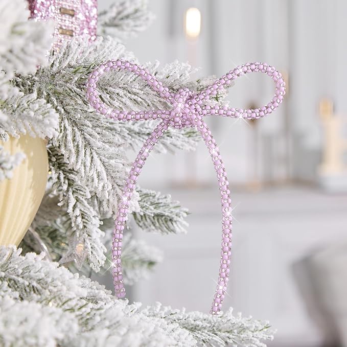 FLAIR GIFTS 6 Pcs 4.3" x 6" 2025 Christmas Bows for Tree Decor, Mix Pink Sparkly Glitter Rhinestone Bow Ornaments with Twist Tie for Xmas Decoration, Wreath, Garland, Gift Wrapping