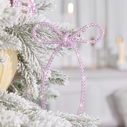 FLAIR GIFTS 6 Pcs 4.3" x 6" 2025 Christmas Bows for Tree Decor, Mix Pink Sparkly Glitter Rhinestone Bow Ornaments with Twist Tie for Xmas Decoration, Wreath, Garland, Gift Wrapping