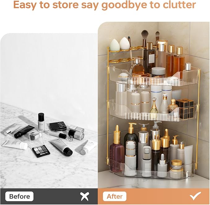 Corner Bathroom Counter Organizer with Makeup Brush Holder & Toothbrush Holders, Makeup Organizer for Vanity Countertop, Acrylic Skincare Storage Shelf (Clear, 3-Tier)
