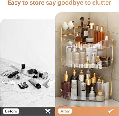 Corner Bathroom Counter Organizer with Makeup Brush Holder & Toothbrush Holders, Makeup Organizer for Vanity Countertop, Acrylic Skincare Storage Shelf (Clear, 3-Tier)