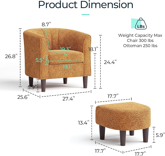 LINSY Accent Chair with Ottoman, Chenille Barrel Chair with Footstool, Modern Upholstered Armchair for Living Room Bedroom Waiting Room Office, Orange