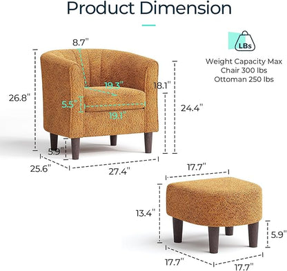 LINSY Accent Chair with Ottoman, Chenille Barrel Chair with Footstool, Modern Upholstered Armchair for Living Room Bedroom Waiting Room Office, Orange