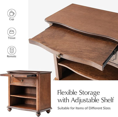 HULALA HOME Wooden Nightstand with Pull-Out Shelf, Mid Century Modern Nightstand with Solid Wood Drawers and Legs, Adjustable Storage Set of 2, Brown