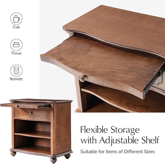 HULALA HOME Wooden Nightstand with Pull-Out Shelf, Mid Century Modern Nightstand with Solid Wood Drawers and Legs, Adjustable Storage, Brown