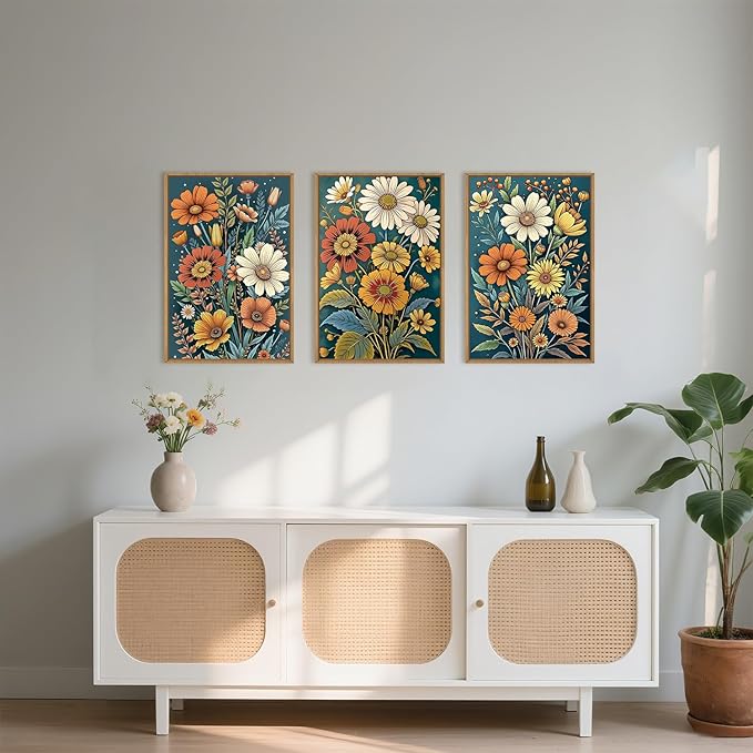 HOURIA Retro Boho Flower Framed Canvas Wall Art Set,Colorful Wilderness Floral with Green Leaves Wall Decor,Nature Botanical Wall Painting,Vintage Bouquet Art Prints for Living Room, Bedroom-16"x24"x3