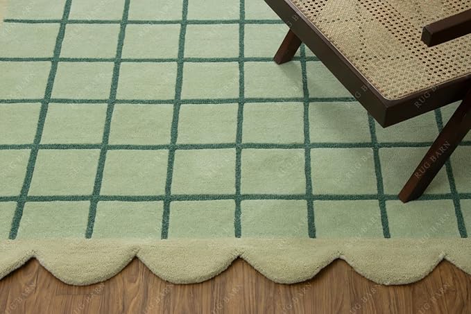 Mint Green Scalloped Edge Wool Area Rug with Checker Grid Design, Hand-Tufted Soft Carpet for Living Room, Bedroom, Nursery, Kids & Playroom Décor - 3x5 Ft
