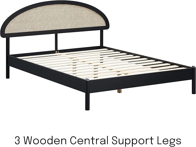 NTC Gem Wooden Bed Frame with Headboard and Natural Rattan, Solid Oak Foundation with Silent Slats, 1000 Lb Capacity, Effortless Assembly, King - Burnt Black
