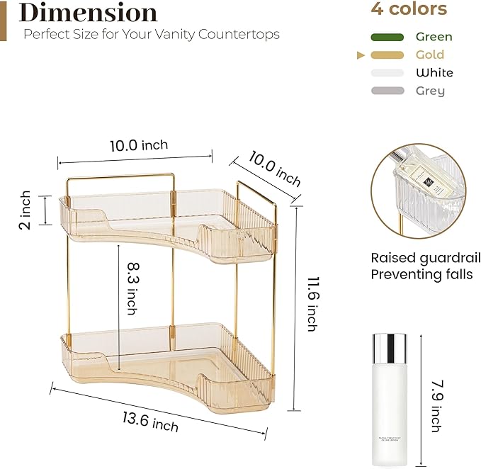 Aveniee Corner Bathroom Counter Organizer, Bathroom Countertop Shelf Makeup Organizer for Vanity Perfume Corner Storage (2 Tiers, Gold)