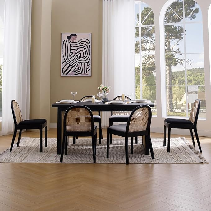 Upholstered Wooden Dining Chairs Set of 4, Farmhouse Kitchen & Dining Room Chairs with Cane Back, Accent Rattan Dining Table Chairs Sherpa Seat for Kitchen/Restaurant/Living Room, Black