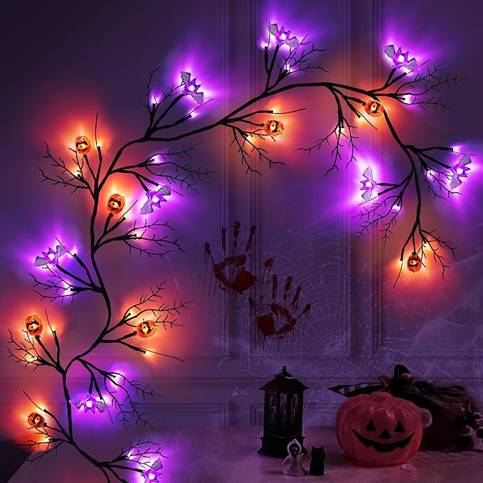 6 Ft 54 LED Halloween Willow Vine Twig Decor Garland with 8 Modes Timer 9 Pumpkins 9 Bats Waterproof Battery Operated Scary Halloween Decorations for Home Wall Mantle Fireplace Decor
