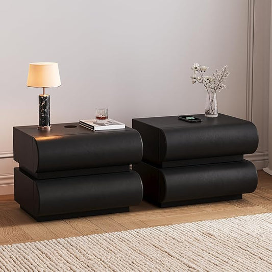 homary 2-Drawer Smart Nightstands Set of 2 with Wireless Charging Station, USB & Type-C Ports, Faux Leather Black Night Stands Modern Bedside Tables for Bedroom Storage, Fully Assembled