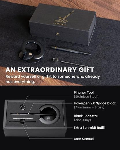 novium Hoverpen Interstellar - Space Black, Ballpoint Pen, 18K Gold-plated Pen Ring, 23.5 Degree Angle, Schmidt Ballpoint Refill, No Spills, No Spotting, No Explosions
