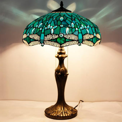 WERFACTORY Tiffany Table Lamp Green Stained Glass Dragonfly Bedside Lamp 16X16X24 Inches Desk Reading Light Metal Base Decor Bedroom Living Room Home Office S622 Series