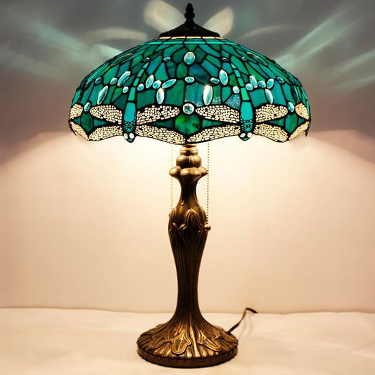 WERFACTORY Tiffany Table Lamp Green Stained Glass Dragonfly Bedside Lamp 16X16X24 Inches Desk Reading Light Metal Base Decor Bedroom Living Room Home Office S622 Series