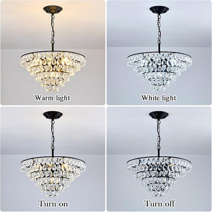 YYJLX Modern Crystal Chandelier 7 Light 20" Raindrop Black Ceiling Chandelier Adjustable Hanging Light Fixture for Dining Room Foyer Entryway Staircase Living Room