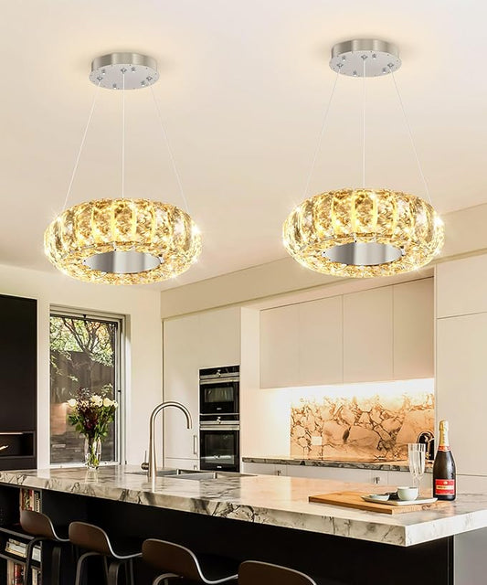 8" Ring Modern LED Dimmable Crystal Chandelier Adjustable Height Pendant Light Round Crystal Chandelier Light Fixtures for Dining Room Living Room Kitchen Island Silver