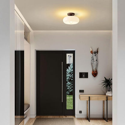 Mid-Century Modern Semi Flush Mount Ceiling Light, Faux Walnut Wood Kitchen Light Fixtures with Glass Shade, Vintage White Close to Ceiling Lamp for Entryway Hallway Bathroom (11.0 Inch)