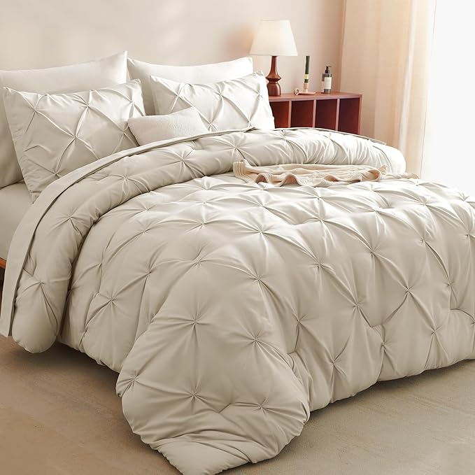 CozyLux Queen Comforter Set Oatmeal, 7 Pieces Pintuck Bed in A Bag, Premium Oatmeal Comforter Queen Size, Pinch Pleat Bedding Sets with Comforter, Sheets, Pillowcases & Shams