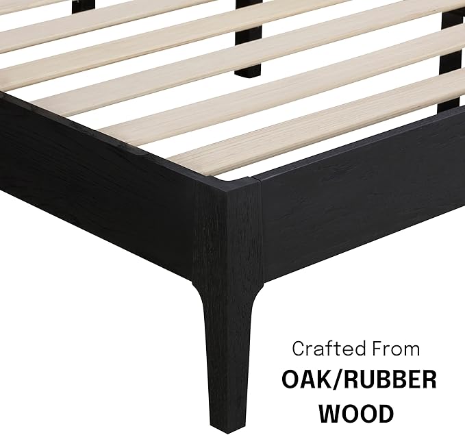 NTC Ruby Wooden Bed Frame with Headboard and Natural Rattan, Solid Oak Foundation with Silent Slats, 1000 Lb Capacity, Effortless Assembly, King - Burnt Black