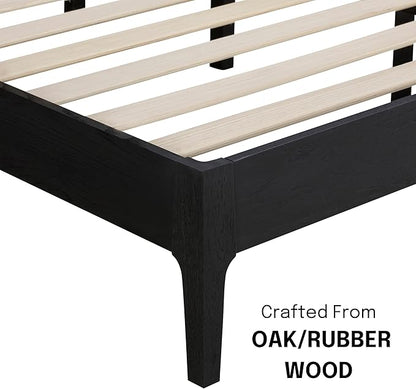 NTC Ruby Wooden Bed Frame with Headboard and Natural Rattan, Solid Oak Foundation with Silent Slats, 1000 Lb Capacity, Effortless Assembly, Queen - Burnt Black