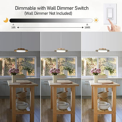 Modern Pendant Lights,15 inch,Natural Wood Cap,3000K/Warm White/22W Dimmable,LED Pendant Light Fixtures for Kitchen, Dining Room, Living Room,Gray