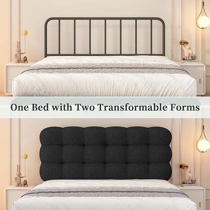 BarnFurin Full Size Bed Frame with Upholstered Headboard, Teddy Soft Boucle Fabric, Platform Bed with Strong Wooden Slats Support, Two Bed Forms Design, No Boxing Spring Needed, Easy Assembly, Black