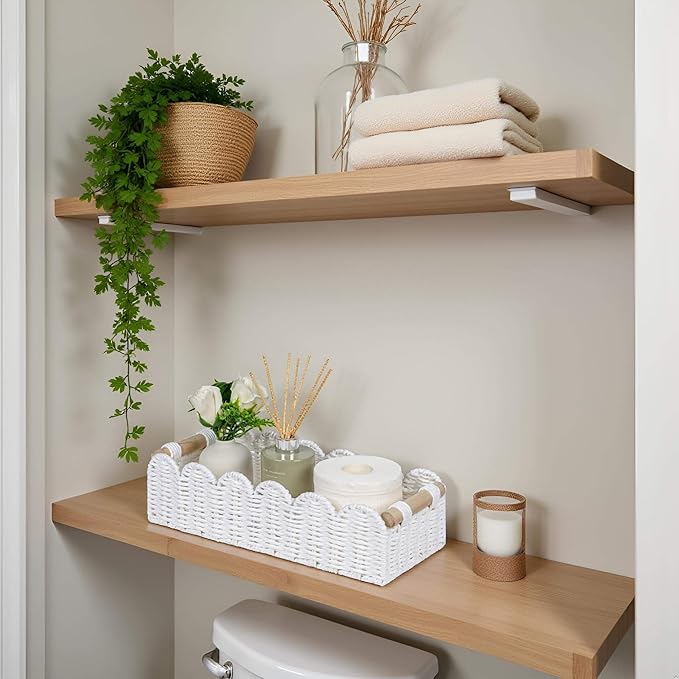 CubesLand Scalloped Edge Toilet Paper Storage Basket, Living Room Home Cozy Decor Basket, Paper Rope Small Baskets for Over Toilet Storage Shelf, Shelves, with 2 Wooden Handles, White