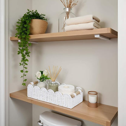 CubesLand Scalloped Edge Toilet Paper Storage Basket, Living Room Home Cozy Decor Basket, Paper Rope Small Baskets for Over Toilet Storage Shelf, Shelves, with 2 Wooden Handles, White
