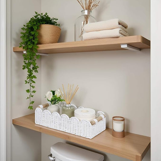 CubesLand Scalloped Edge Toilet Paper Storage Basket, Living Room Home Cozy Decor Basket, Paper Rope Small Baskets for Over Toilet Storage Shelf, Shelves, with 2 Wooden Handles, White