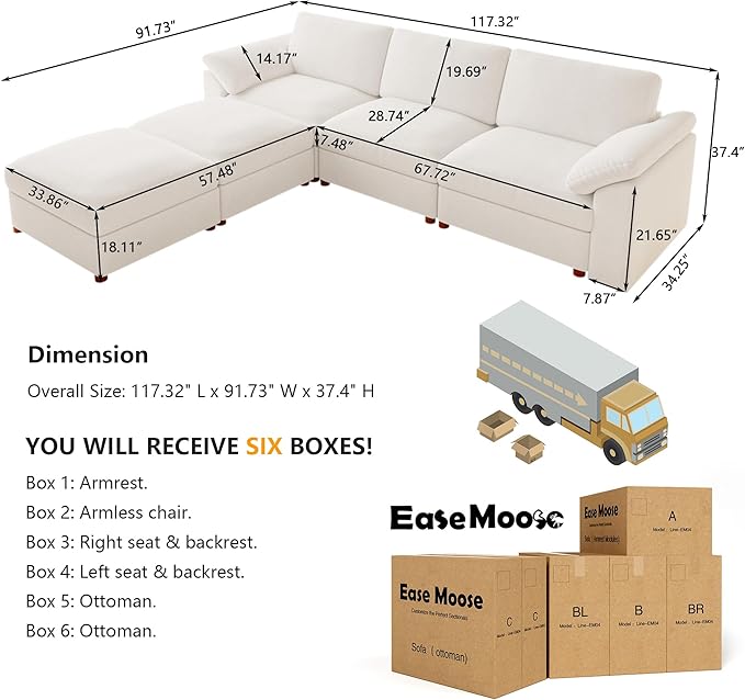 EASE MOOSE Oversized Modular Sectional Sofa, FSC Certified Extra Large U Shape Sectional Cloud Couch,Comfty Deep Modular Sofa with Ottoman,White