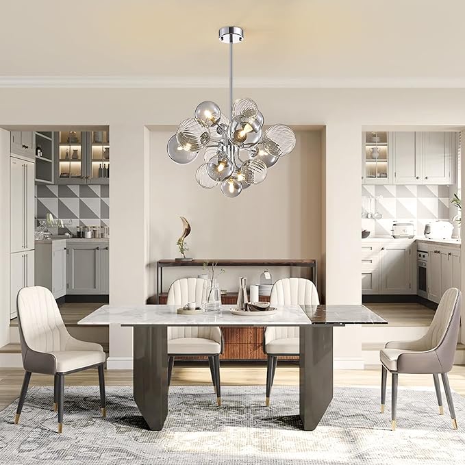 Mid Century Bubble Chandelier 8-Light 24in Globe Sputnik Pendant Light Fixture Modern Silver Chandeliers with 15 Bubbles LIght Fixtures for Dining Room Kitchen Living Room Bedroom Entryway Foyer