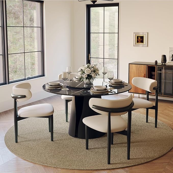 POVISON Round Dining Table for 4, Modern Dining Table 47" with 23" Lazy Susan, Glossy Black Sintered Stone Dining Tabletop with Black Carbon Steel Pedestal (Dining Room Table Only)