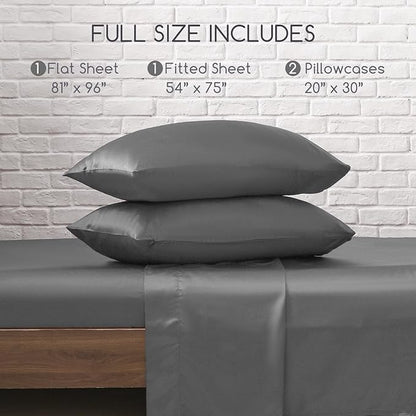 MR&HM Satin Bed Sheets, Full Size Sheets Set, 4 Pcs Silky Bedding Set with 15 Inches Deep Pocket for Mattress (Full, Dark Grey)