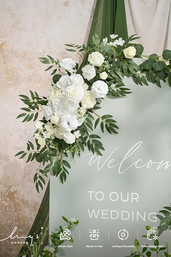 Ling's moment Artificial Wedding Arch Flowers Kit Pack of 4, 2pcs Hanging Flowers Arrangement 2pcs Chiffon Drapes Ceremony Spring Fake Rose Arbor Backdrop White Sage Floral Party Outdoor Decor