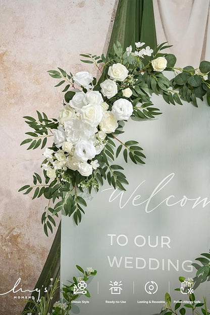 Ling's moment Artificial Wedding Arch Flowers Kit Pack of 4, 2pcs Hanging Flowers Arrangement 2pcs Chiffon Drapes Ceremony Spring Fake Rose Arbor Backdrop White Sage Floral Party Outdoor Decor