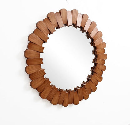 LuxenHome 35-Inch Round Wood Wall Mirror for Lving Room, Vintage Circle Decorative Vanity Mirror with Petal Frame, Wall Mounted Hanging Sculptures for Bathroom Bedroom Entryway Home Decoration