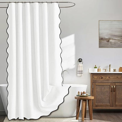 MIULEE White Scalloped Shower Curtain Linen Textured with 12 Metal Hooks Cute Heavy Duty Washable Waterproof Thick Cloth Shower Curtains with Black Border for Bathroom Hotel Bathtub,W72*L72