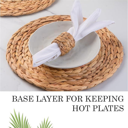 13.8" Set of 6 Round Water Hyacinth Placemats | Boho Woven Rattan Table Mats | Farmhouse Wicker Spring Plate Chargers Like Corn Husk, Seagrass for Wedding, Party, Christmas, Events