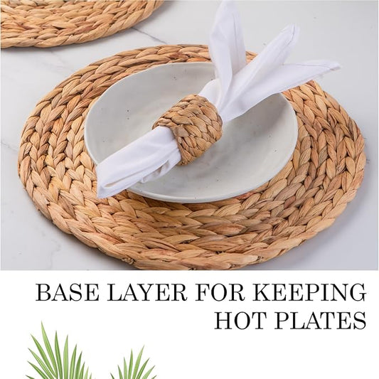 13.8" Set of 6 Round Water Hyacinth Placemats | Boho Woven Rattan Table Mats | Farmhouse Wicker Spring Plate Chargers Like Corn Husk, Seagrass for Wedding, Party, Christmas, Events