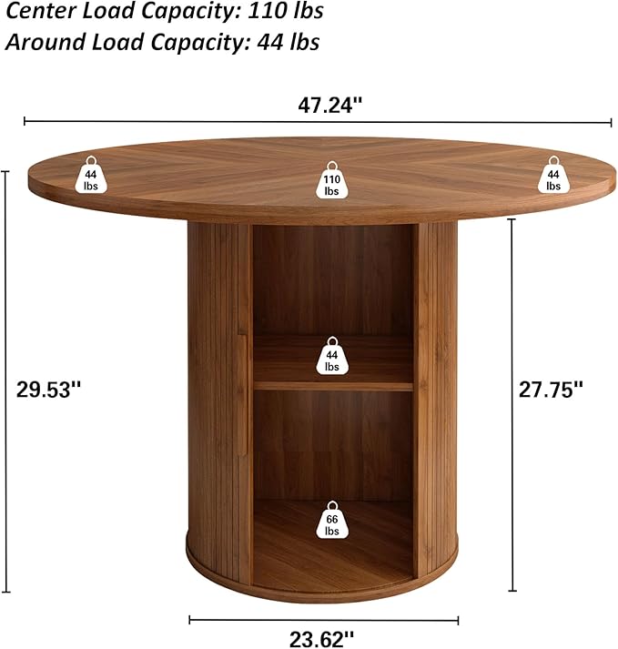 47 inch Round Dining Table for 4, Kitchen Table Dinner Table with 2-Layer Storage Shelf and Wood Slide Door for Home Dining Room Living Room (Walnut)