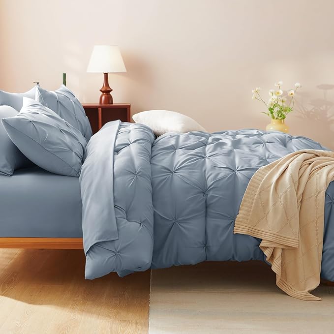 CozyLux Twin Comforter Set with Sheets Grayish Blue, 5 Pieces Pintuck Bed in A Bag, Twin Bed Set Gift for Family, Pinch Pleat Bedding Set with Comforter, Sheets, Pillowcase & Sham