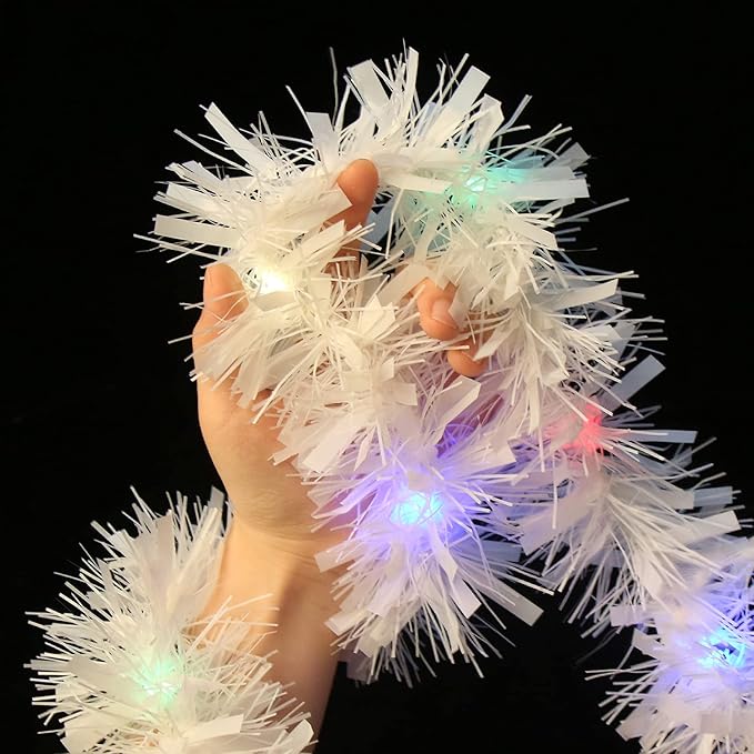 LOMIMOS 32.8 Ft Christmas Tinsel Garland with Lights, Pure White Decoration for Christmas Tree Party Wedding Supplies