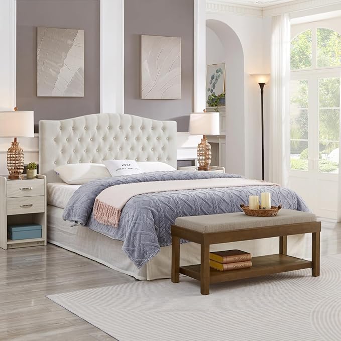 24KF Large Rectangular Storage Bench,Upholstered Seat Cushion,Ottoman Coffee Table with Linen Removable Cushion for Living Room,Entryway Bench Bed Bench with Solid Wood Shelf,5069-Linen