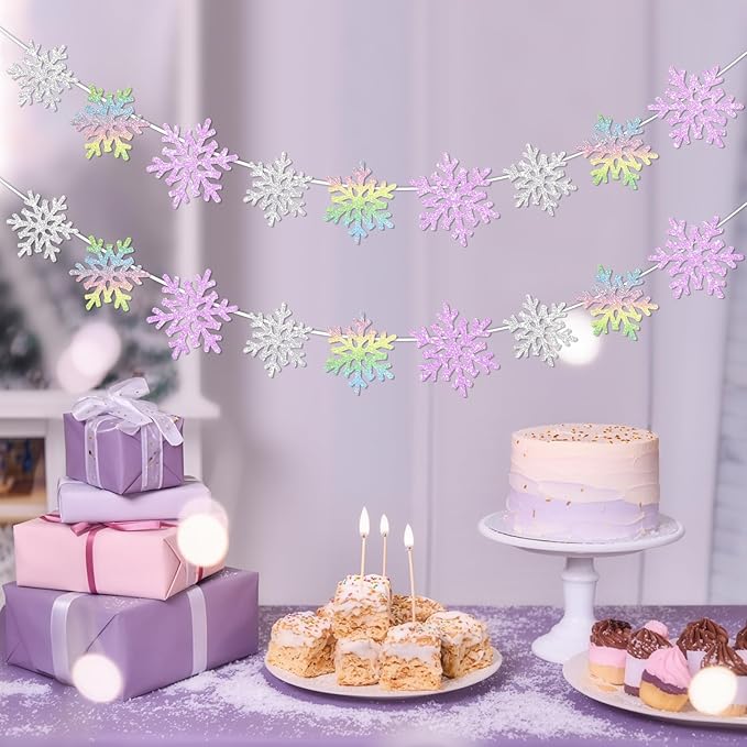 2Pack Silver and Purple Snowflake Garland Winter Wondeland Decorations, Glitter Snowflake Banner for Girl/Women Frozen Birthday Party Decorations and Christmas Baby Shower Party Supplies.