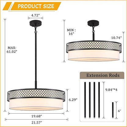 21.5" Drum Black Chandelier for Dining Room 5-Light Modern Farmhouse Chandeliers White Fabric Drum Pendant Light Fixture Large Hanging Lighting for Living Room Bedroom Kitchen Foyer Over Table, E26