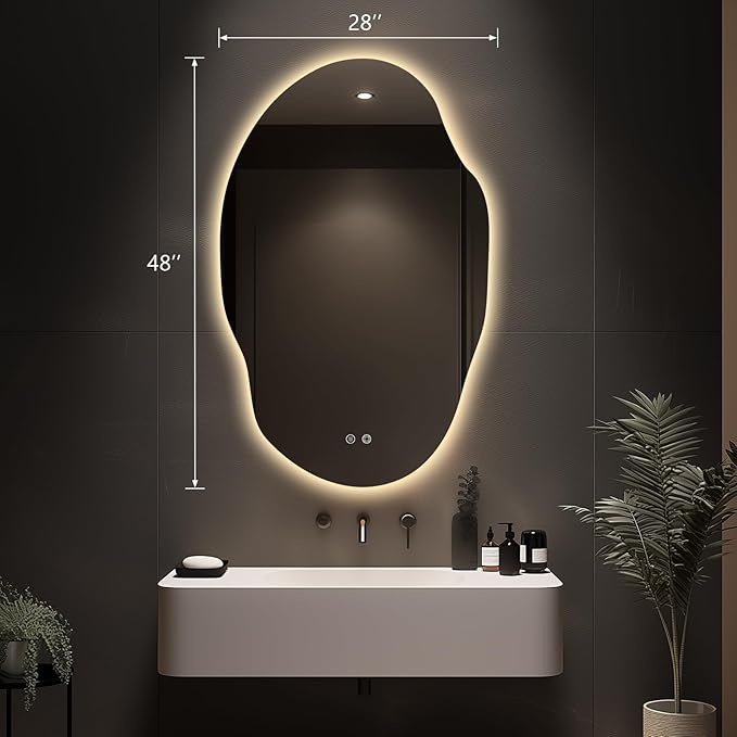 Asymmetrical LED Bathroom Mirror with Lights,Irregular Led Bathroom Vanity Mirror for Wall with Front and Backlit, Anti Fog, 3 Colors and Dimmable Light,[Horizontal/Vertical] 48" H x 30" W