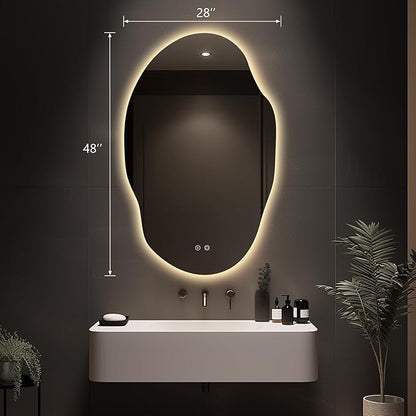 Asymmetrical LED Bathroom Mirror with Lights,Irregular Led Bathroom Vanity Mirror for Wall with Front and Backlit, Anti Fog, 3 Colors and Dimmable Light,[Horizontal/Vertical] 48" H x 30" W
